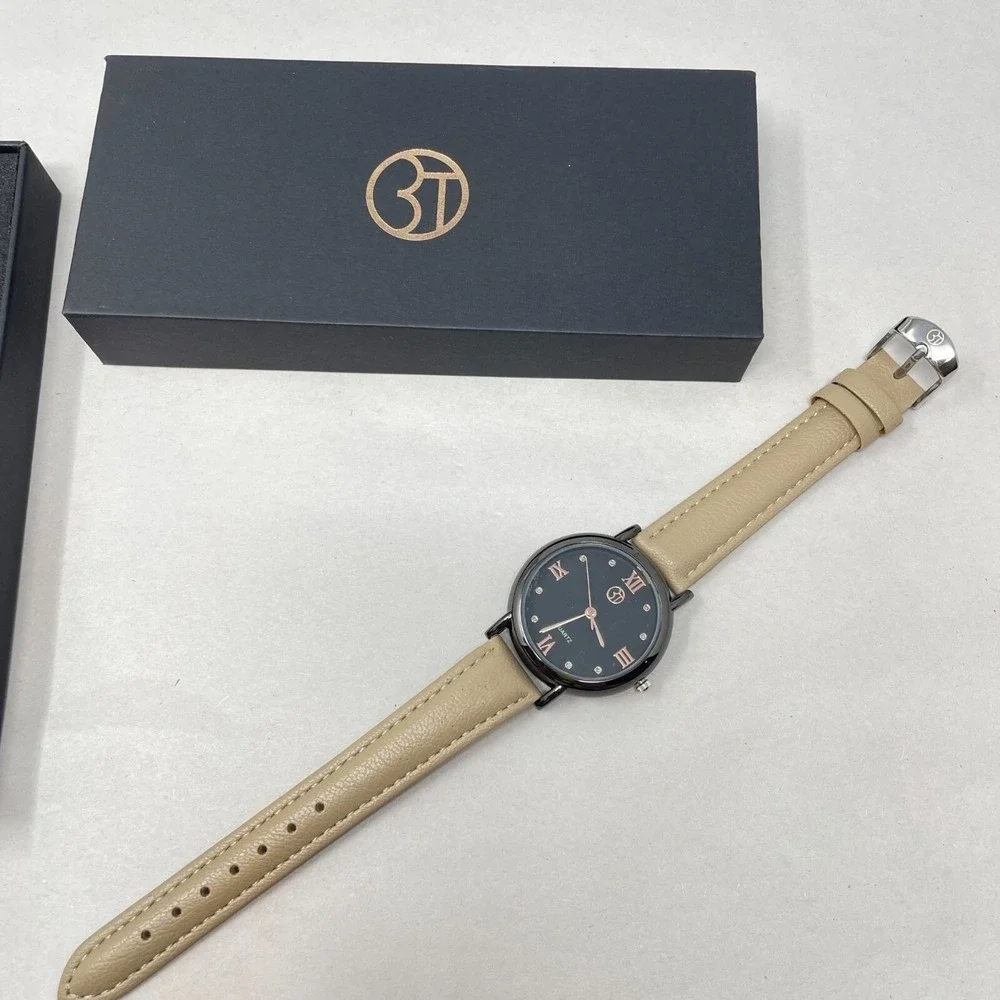 3T Watch Tan Band Quartz Movement Stainless Steel Back‎ Gift Box Black Dial